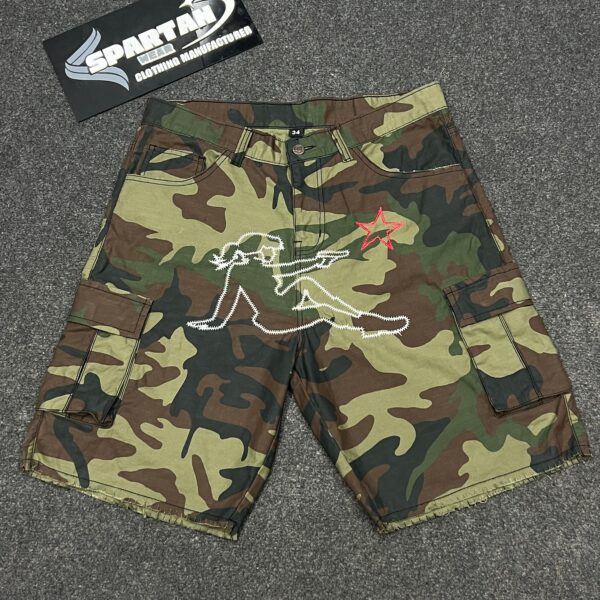 CUSTOM DENIM CAMO SHORT WITH EMBROIDERY AND SIX POCKETS