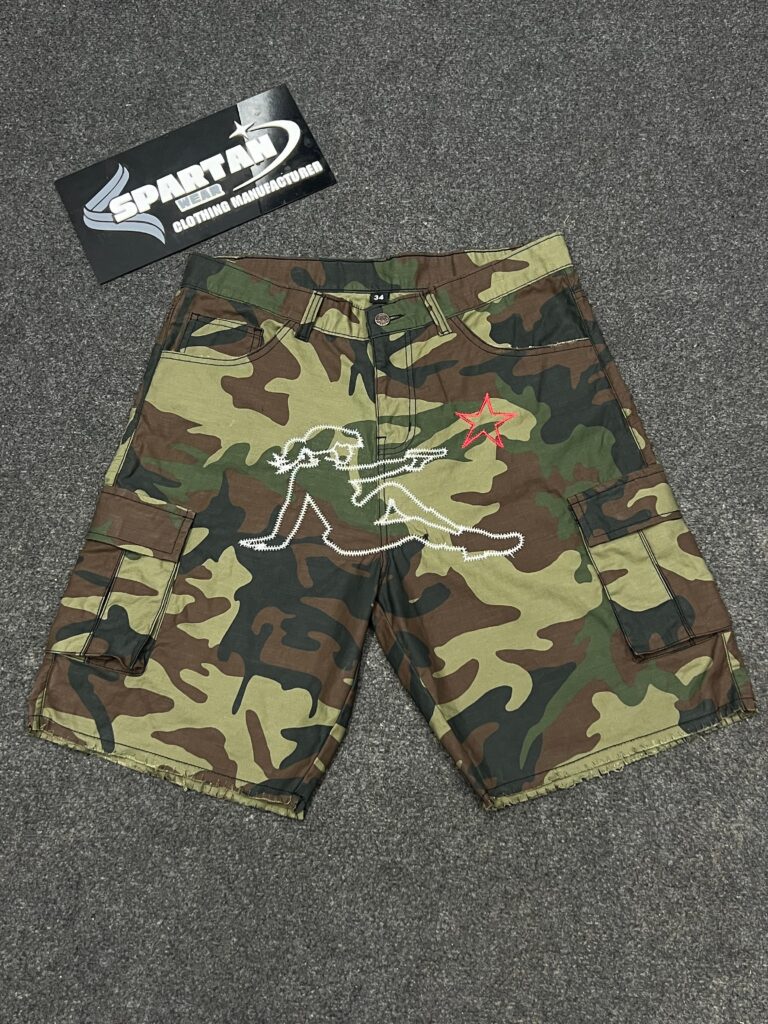 CUSTOM DENIM CAMO SHORT WITH EMBROIDERY AND SIX POCKETS